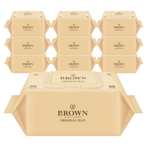 브라운 오리지널 플러스 도톰한 엠보싱 저자극 아기 물티슈 캡형, 55g, 80매, 10개