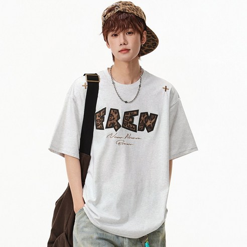 벨로시티 레오파드 패치자수 오버핏 반팔 티셔츠