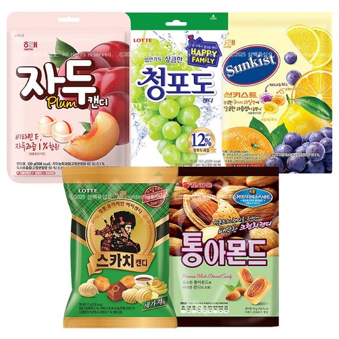 사탕세트 캔디 5종세트 (썬키스트+스카치 세가지+ 통아몬드 + 자두캔디 + 청포도캔디), 1개