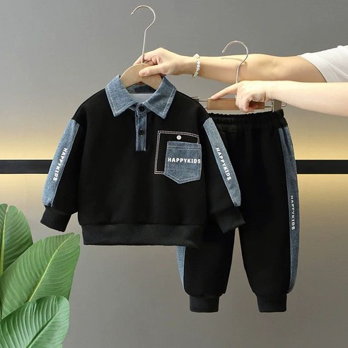 ZPEIZ 아동 남아 봄 가을 데님 패치 세트 캐주얼 상하복 상의+하의 세트