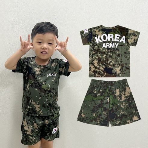 키즈 쿨론 ROKA 반팔+반바지 세트 국산 아동용 로카티 어린이 군인가족사진 유치원