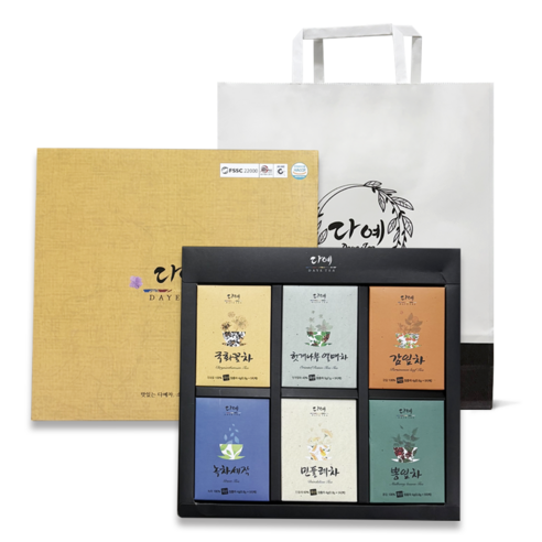 [본사직영] 다예 100%국산 꽃잎차 6종 티백 선물 세트+쇼핑백 (30티백) 국화꽃차+감잎차+헛개나무열매차+녹차세작+민들레차+뽕잎차