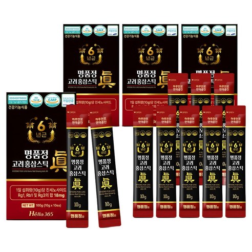 명품정 6년근 고려 홍삼 스틱 진 실속형 1포당 진세노사이드 18mg, 10g, 40개