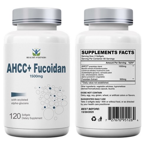 헬시파트너 AHCC 후코이단 1500mg 베타글루칸 표고버섯 균사체 알파글루칸 미역귀 무관세