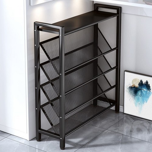 SeekFun 신발장 정리대 진열장 다용도 700mm 신발 수납 선반 가정용 현관 철제 메쉬 수납함 4단 5단, Black/블랙