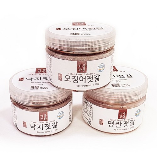 [이룸반찬] 국내 제조 저염 젓갈 3종 세트 오징어 + 낙지 + 명란 250g x 3 HACCP 인증, 1세트