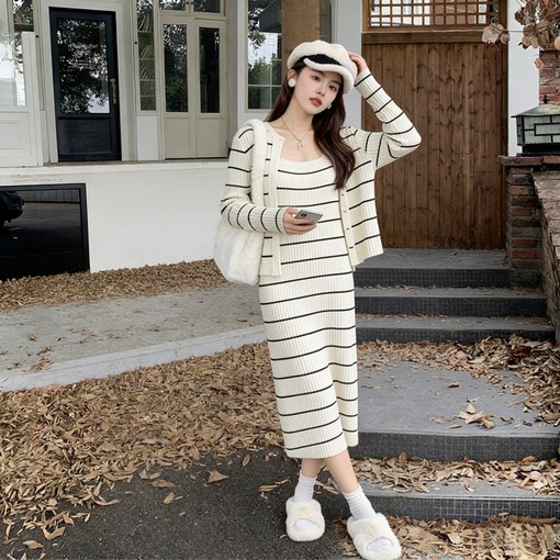 SAHINER 여성 니트 롱 원피스 스트라이프 패턴 가디건 세트 봄가을 ATZ13