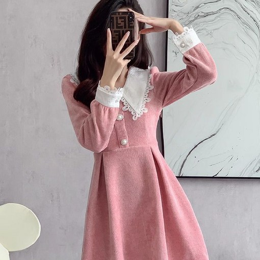 COSYEVNO 긴팔 코듀로이 원피스 조임 a라인 스커트