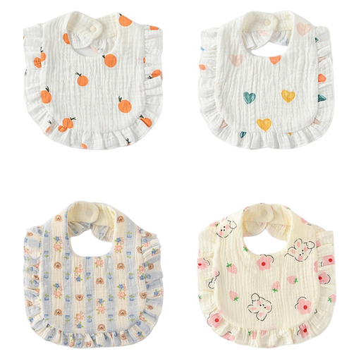 LuxuryBaby 6層楊柳紗荷葉邊圍兜組, 橘色 + 彩色愛心 + 藍色熊 + 草莓兔, 4入, 1套