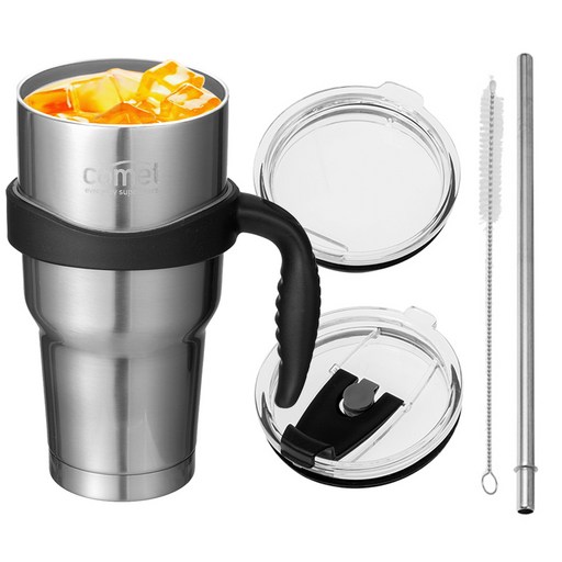 코멧 진공 스테인리스 텀블러 + 손잡이 + 빨대뚜껑 + 빨대 + 빨대솔  실버  900ml