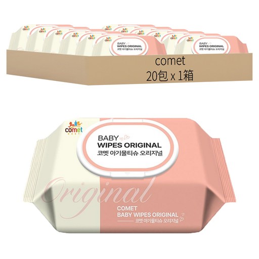 comet Original 嬰兒用濕紙巾 掀蓋式 加厚型, 50gsm, 100張, 20包