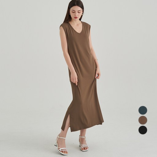 ELLE PARIS 찰랑 레이온 브이넥 민소매 슬림핏 롱 원피스