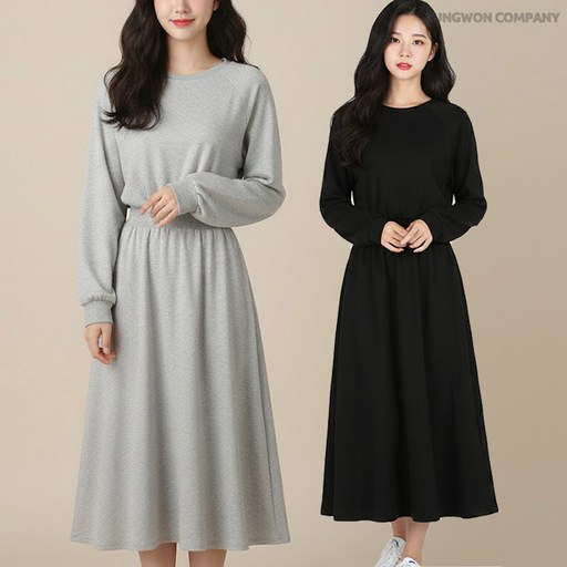 여성용 허리 밴딩 플레어 A라인 긴팔 맨투맨 롱 간절기 원피스 치마 빅사이즈  밴딩플레어원피스