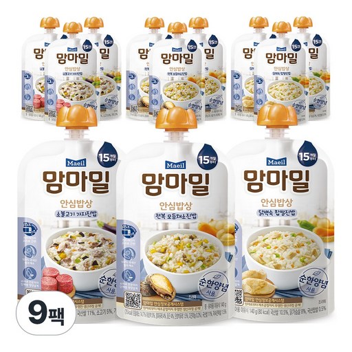 맘마밀 안심이유식 15개월 혼합 3종 3개씩 총9개 소불고기 가지진밥 닭백숙 찹쌀진밥 전복 모듬채소진밥
