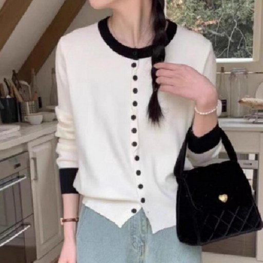 여성 니트 가디건 라운드 배색 크로스 버튼 루즈핏 간절기 봄 가을 겨울