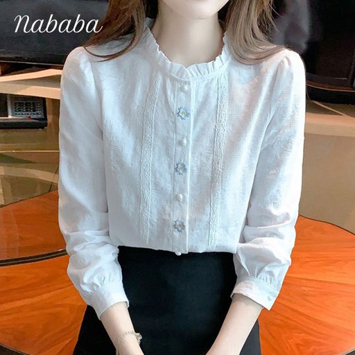 나바바 NB2460 여성 프릴 플라워 자수 포인트 긴팔 블라우스