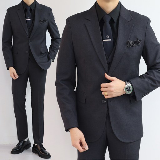 넥타이증정 슬림핏 차콜정장 스판수트 빅사이즈 웨딩촬영 출근룩 면접룩 하객룩 심플정장