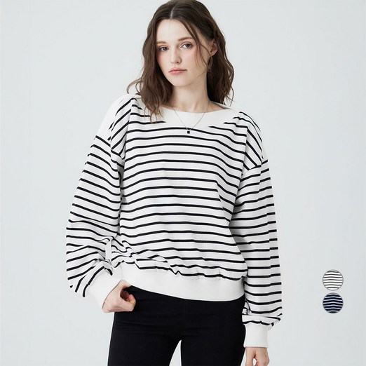 ELLEPARIS 보트넥 스트라이프 맨투맨 스웻셔츠