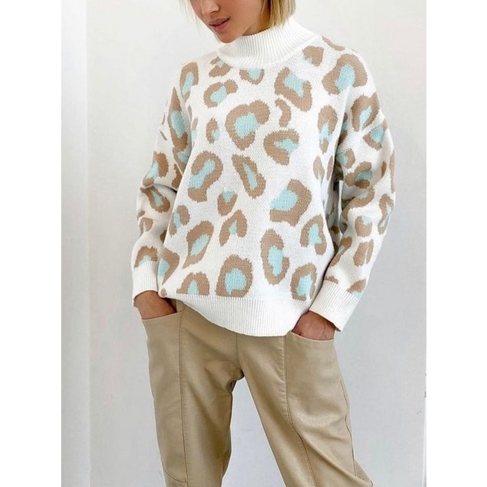 스웨터 겨울 표범 인쇄 동물 기본 흰색 터틀넥 특대 점퍼 빈티지 따뜻한 니트