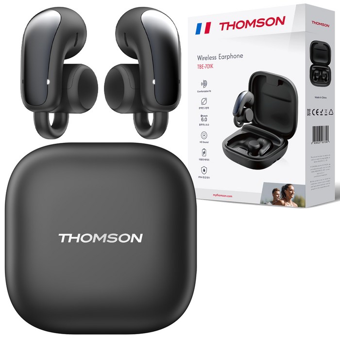 프랑스 톰슨 블루투스 6.0 ENC 노이즈 캔슬링 생활 방수 오픈형 귀걸이 무선 블루투스 이어폰, 블랙, TBE701K