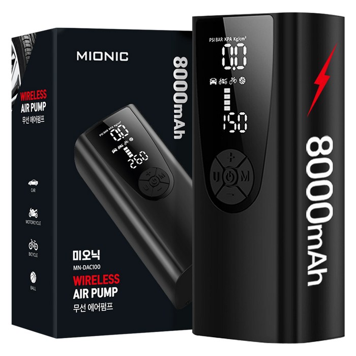 미오닉 8000mAh 대용량 무선 타이어 공기압 주입기+30cm 연장선 세트