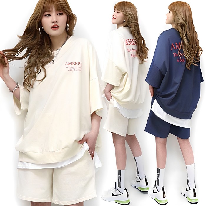 통통마녀  아메 레이어드 반팔  긴팔 츄리닝 세트 2컬러  4XL  오버사이즈 