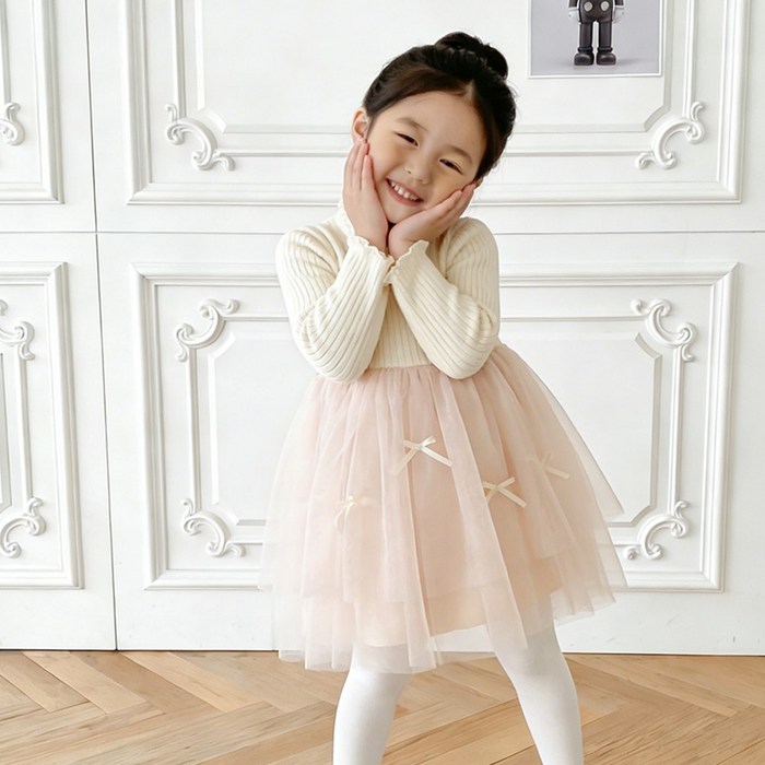 투에그 여아용 니트 리본 프릴 샤 원피스