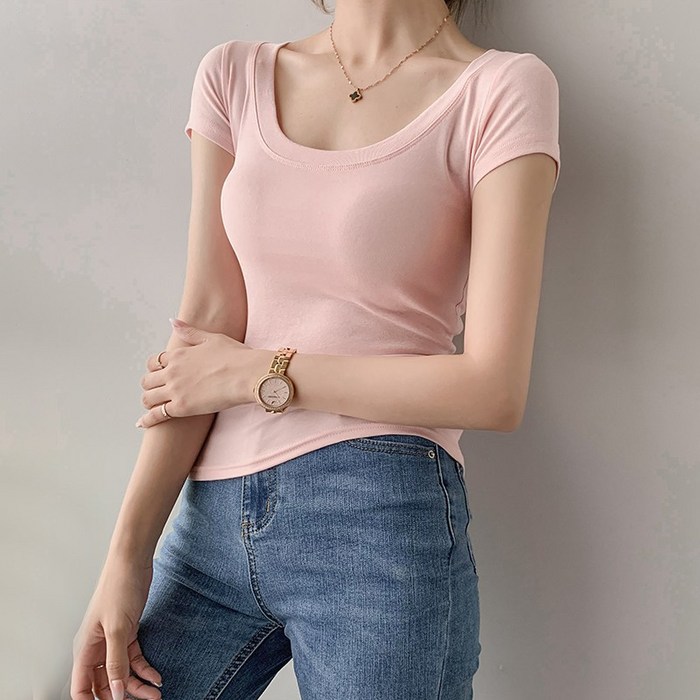 Ogfaour 여자 여름 U넥 쇼트 티셔츠 O30580