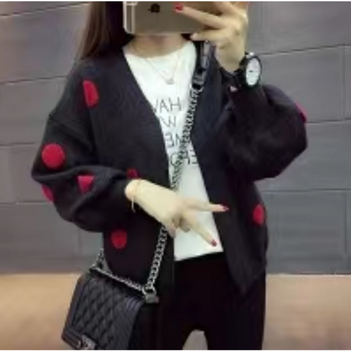 YUEWAN 러블리 퍼프 왕 도트 카디건 니트