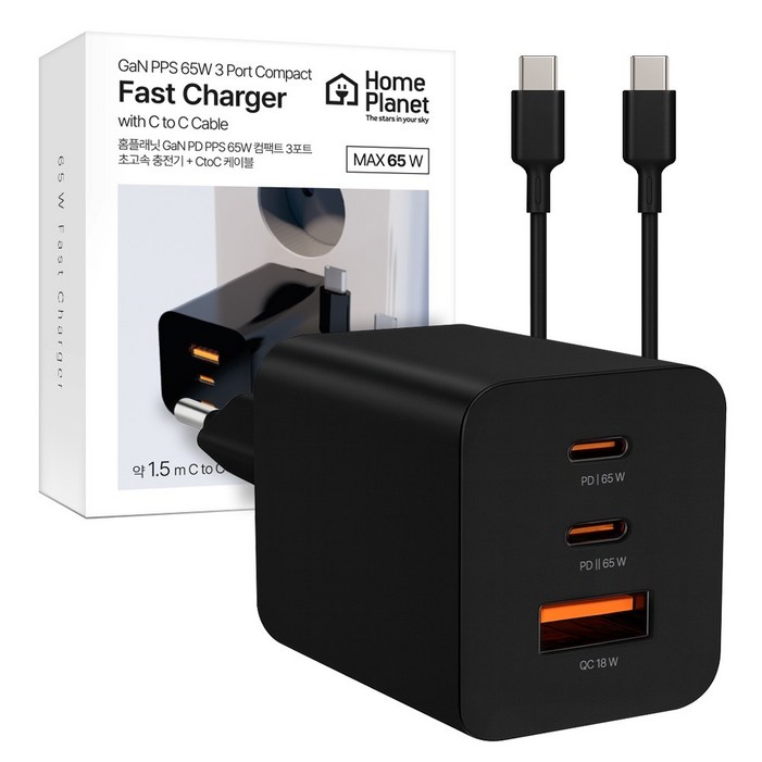 홈플래닛 초미니 GaN PD PPS 65W 컴팩트 3포트 초고속 충전기  CtoC 케이블, 블랙, 1개