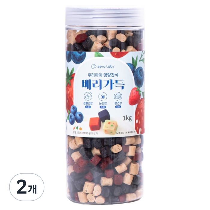 제로랩스 강아지 국내산 노즈워크 영양간식 베리가득 져키, 혼합맛블루베리딸기요거트, 1kg, 2개