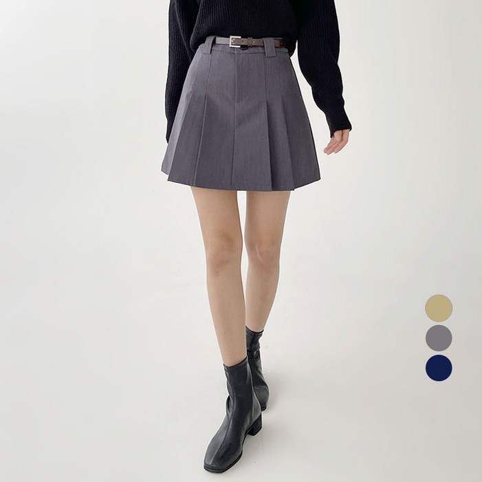 플랜데이 여성용 핀턱 주름 플리츠 A라인 미니스커트  벨트 세트