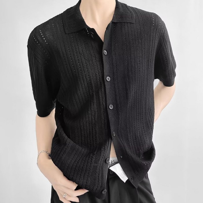 남성용 DM 소프트 버튼 반팔 니트 셔츠