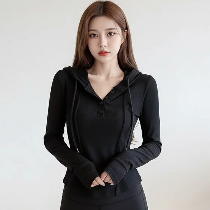 마켓피아 후드 버튼 포인트 슬림핏 긴팔 티셔츠