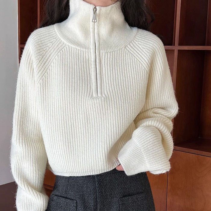 라라티나 여성용 플로스 터틀넥 반집업 크롭 스웨터