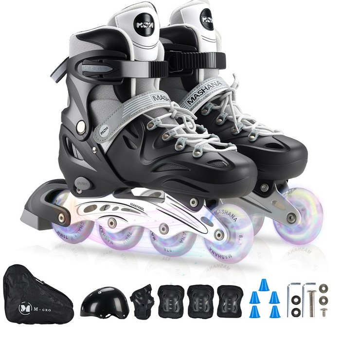 조정 가능한 인라인 스케이트 블랙 세트 헬멧 보호대 가방 성인공용, 1개