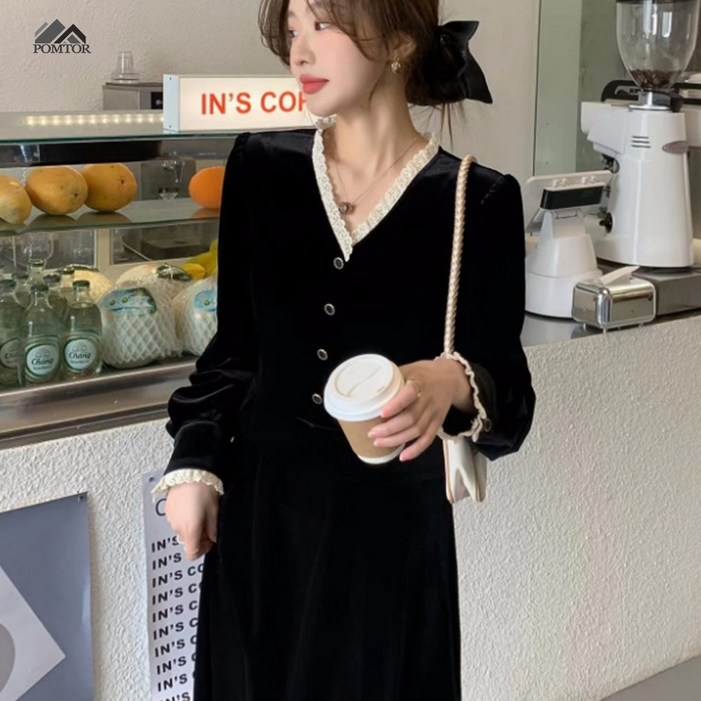 POMTOR 여성 가을 겨울  벨벳 롱 원피스 하객룩 레이스 트리밍