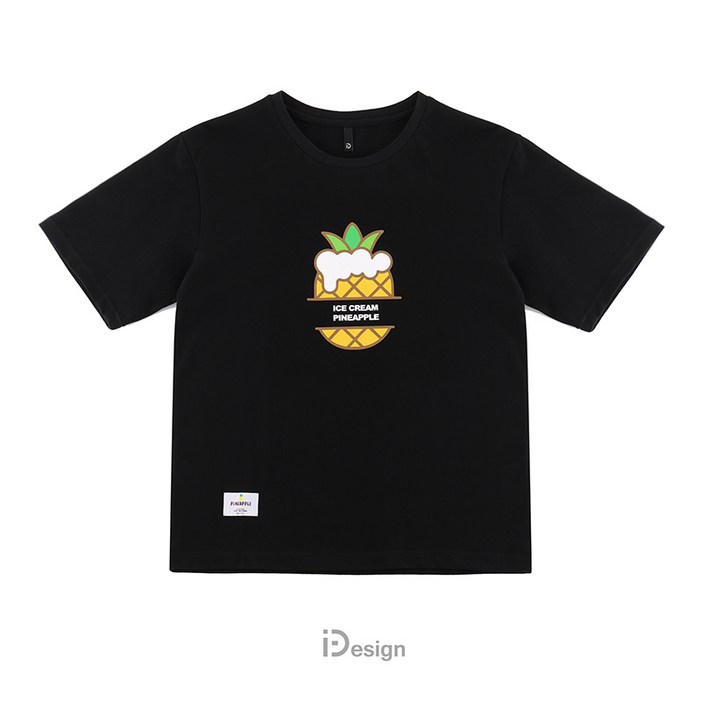 CATCHDEE 오리지널 연인 의상 전국 조수 남녀 만화 파인애플 아이스크림 면 블랙 반팔 티셔츠