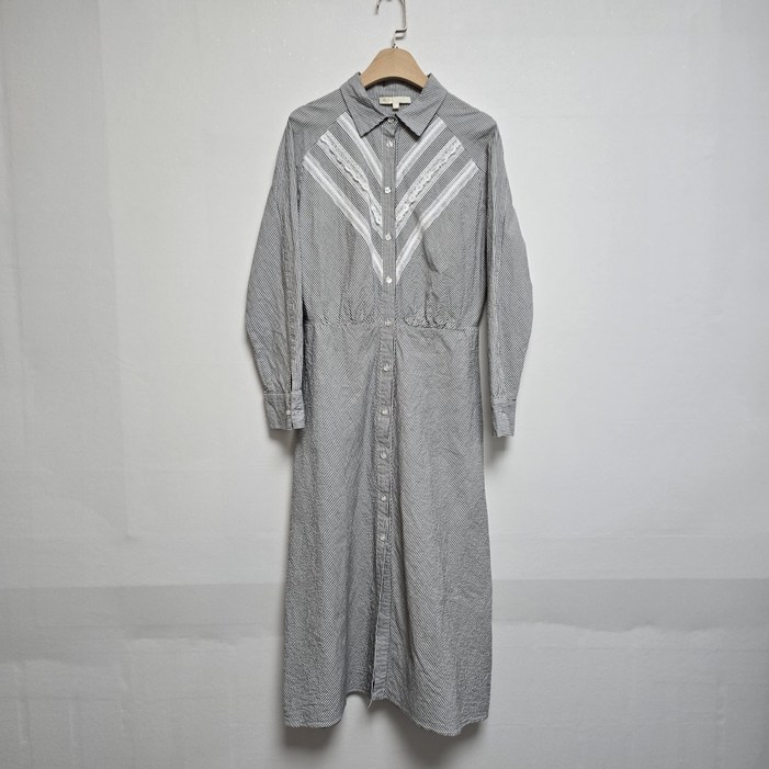 (빈티지)﻿ 마쥬 스트라이프 레이스 벨티드 셔츠 원피스(S)