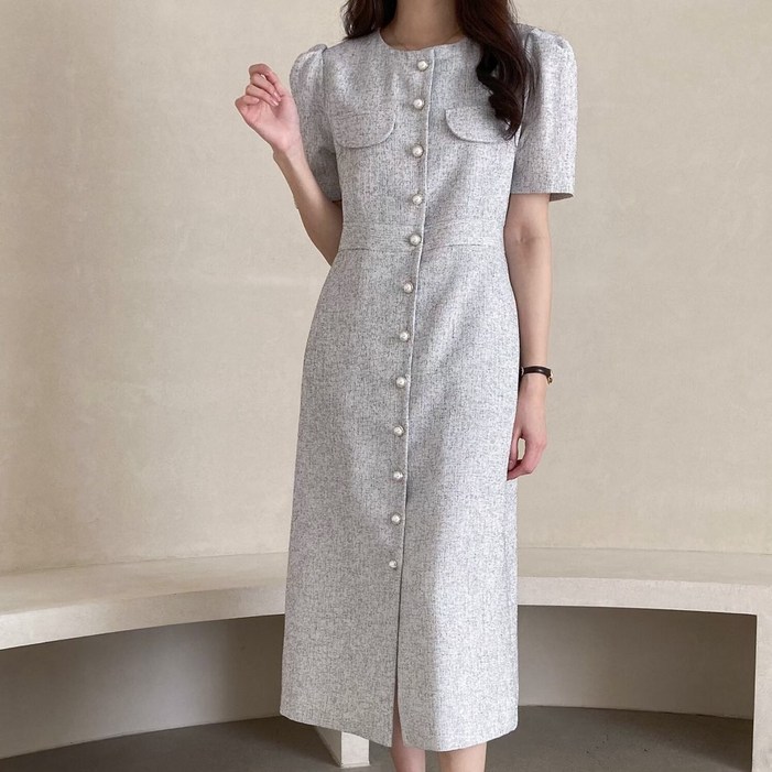 트위드원피스 버튼 오픈 반팔 H라인 롱 원피스