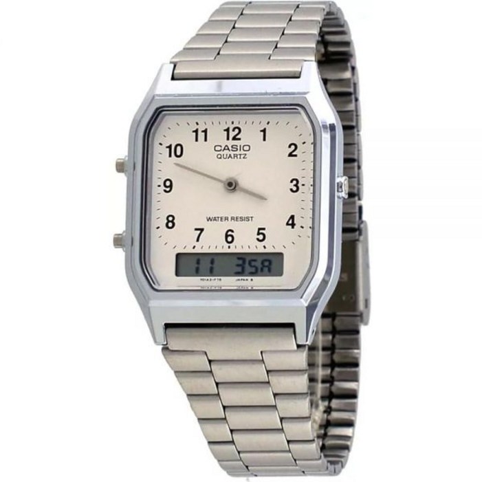 Casio AQ230A7 남성용 스테인리스 스틸 밴드 아날로그 디지털 화이트 숫자 다이얼 시계, 실버, 클래식
