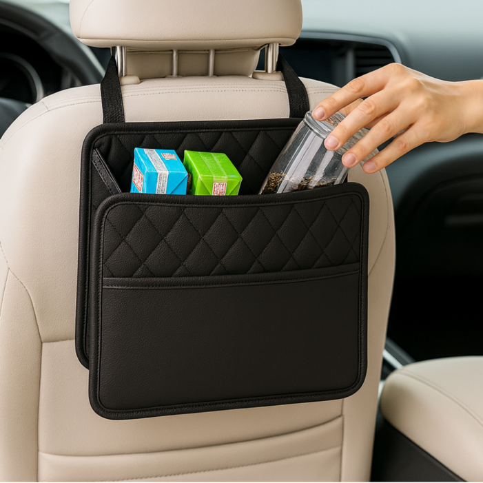 살림잇 차량 휴지통 간식 음료 정리 수납 보관함, 블랙, 1개
