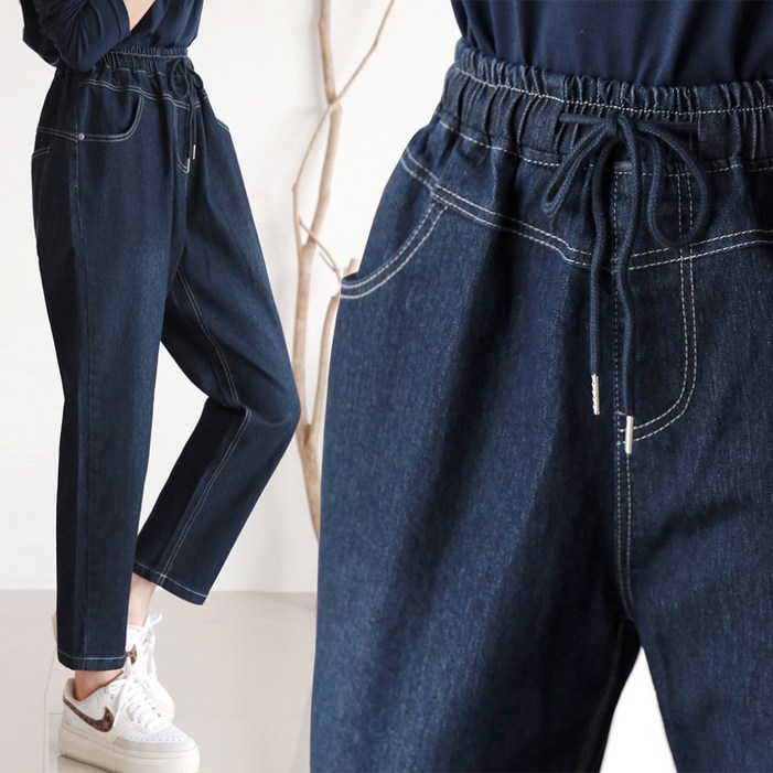 빅빅몰 편한바지 여성용 허리밴딩 끈 배기 청바지 스트링 데님 빅사이즈 봄 가을