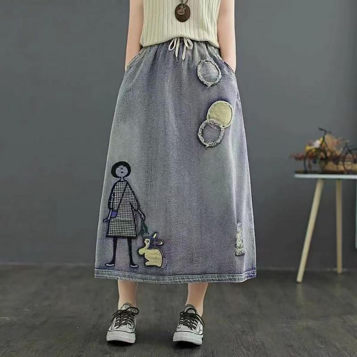 IWMAFT 여성 여름 데님 롱 스커트 자수 포인트 루즈핏 캐주얼 TY281