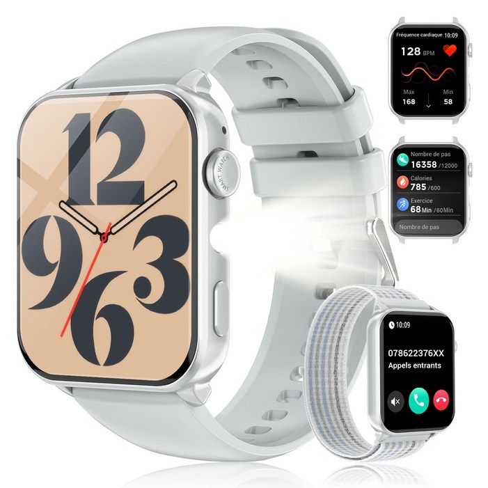 IOWODO R30MAX 스마트워치 1.91인치 HD 곡면 디스플레이 메시지 알림 수면 추적 100가지 이상 운동 모드 LED 손전등 IP68 방수 통화가능 스마트워치, 회색, 3.7cm, 블루투스