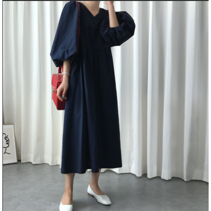 서진맘 여성 우아한 심플 브이넥 퍼프소매 반팔 롱 원피스