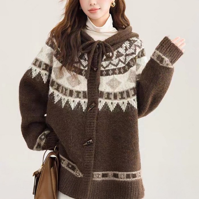 cammello 윈터 더플 후드 노르딕 니트 가디건 따뜻한 겨울 스웨터