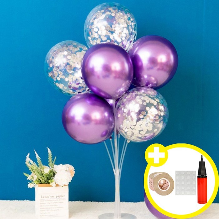 심플 파티 메탈크롬 컨페티 혼합풍선 스탠드70cm 세트 인생샷 포토존 연출템 10옵션 에브리띵스마일 1074, 1세트, 실버 컨페티퍼플 풍선