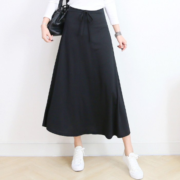 킴미스타일 허리끈 셔링 에이라인 롱스커트