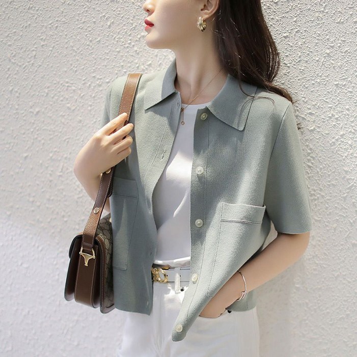 BOONINT 여성 여름가디건 반팔 카라넥 숏 여자 썸머 가디건 얇은 반팔 니트가디건 여름 패션 캐쥬얼 가디건 BN071324